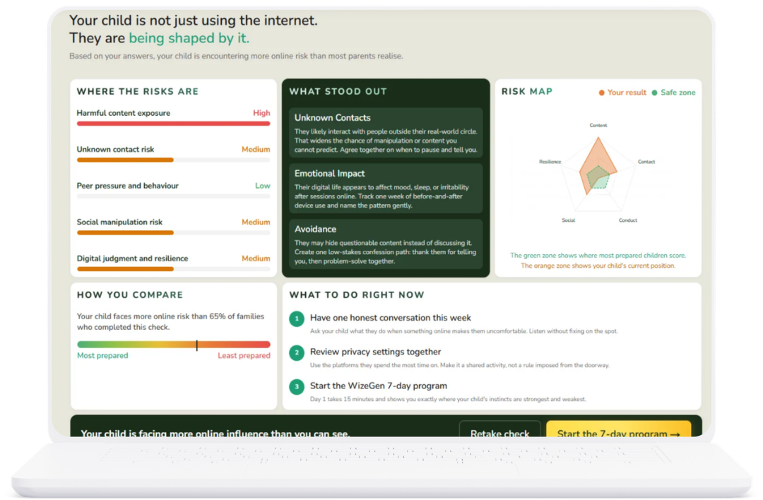 Readiness check results showing risk areas and next steps for your child