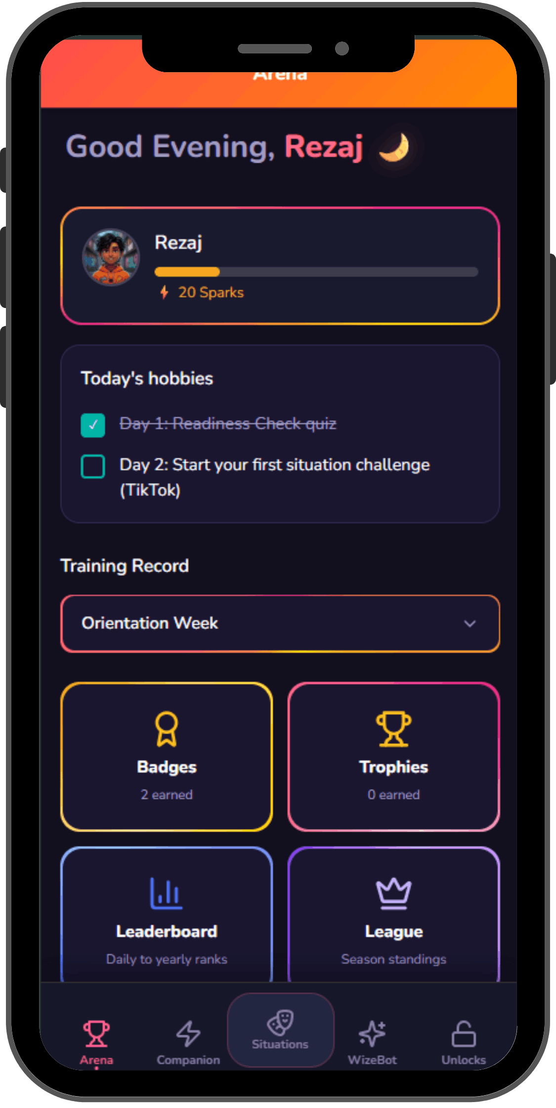Kid app: scenario-based readiness quiz screen